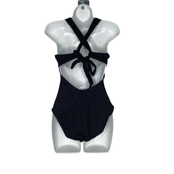 Jessica Simpson V Neck One Piece Tie Back Swimsuit Black Copper Metallic SZ M - Picture 4 of 7